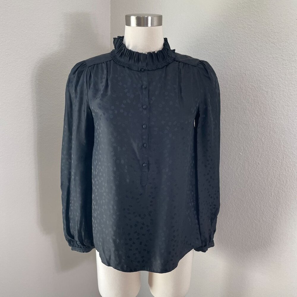Marc Jacobs Womens Size 2 Black Floral Silk Blend Blouse Ruffle Neck Long Sleeve